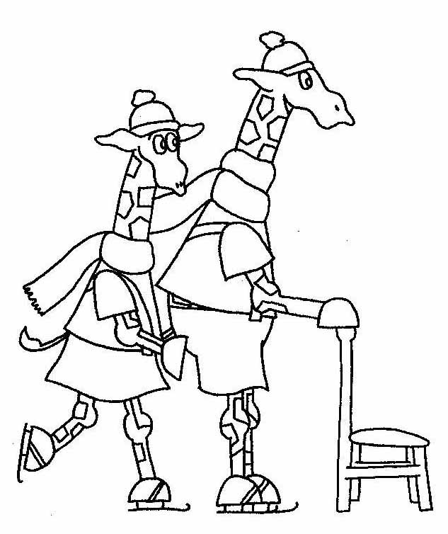 Kolorowanka Giraffy na łyżwach - Zimowa przygoda dla dzieci kolorowanka do druku